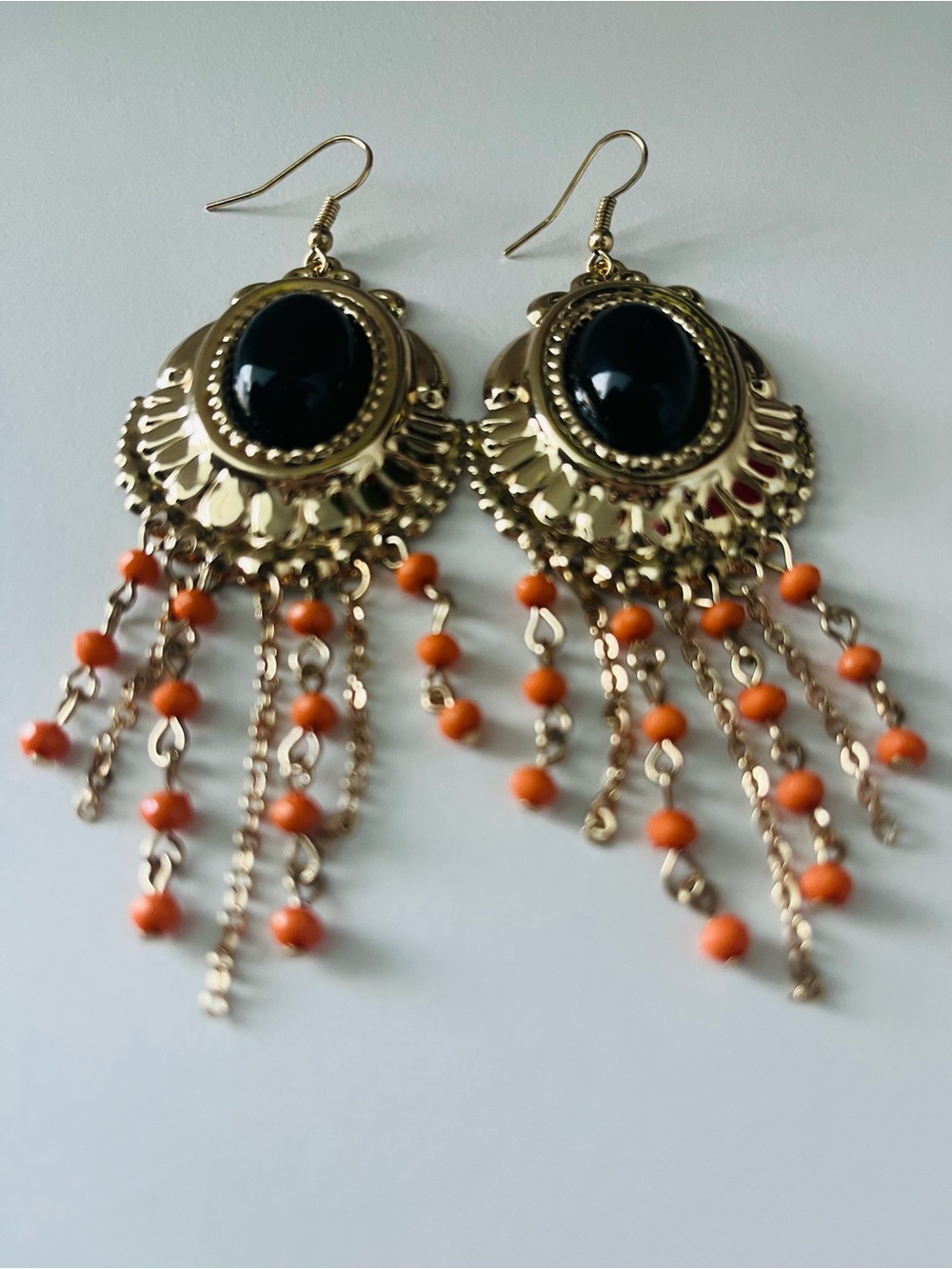 Boho Statement Dangle Earrings - Black Cabochon & Orange Tassel